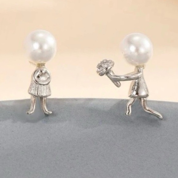 “Marry Me” Boy Flowers Girl Dress Silver Figures Pearl Heads Mismatch Tiny Studs - Picture 5 of 14